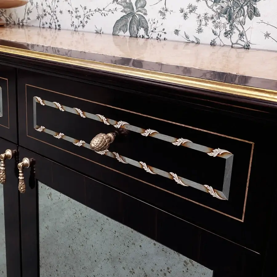 Luxury sideboard with ebony and canaletto walnut, lacquered tempera finish, aquamarine birch stringing, mother‑of‑pearl inlays