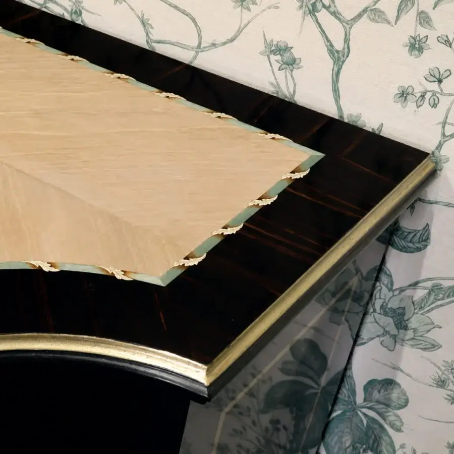 Luxury Bellotti sideboard in ebony and canaletto walnut with black lacquered tempera finish, trim, leaf, birch accents