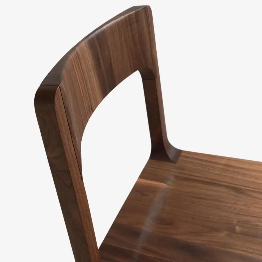 Luxury Riva 1920 chair with solid wood, deep brown surface and satin finish, fluid curved silhouette folds from seat to backrest