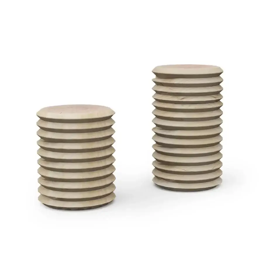 Luxury Riva 1920 Vitae stool in solid walnut with matte natural satin glaze, cylindrical silhouette of ribbed horizontal discs, contemporary minimalist texture