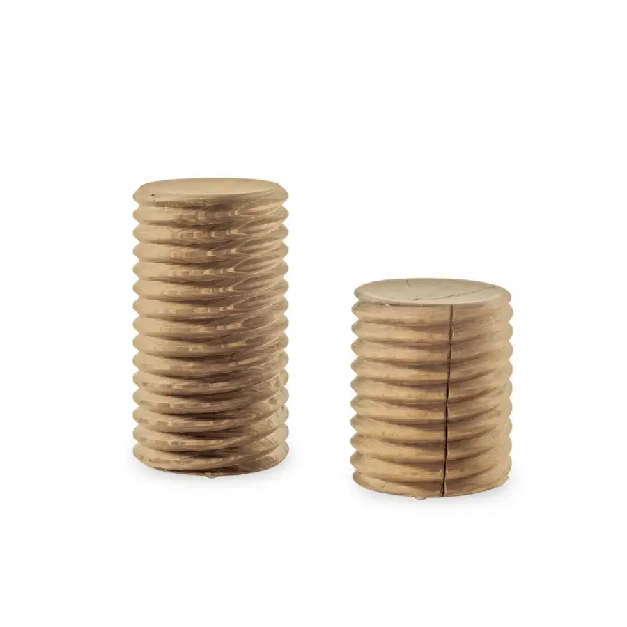 Luxury Riva 1920 Vitae stool in solid walnut with matte distressed finish, ribbed concentric rings and flat circular top