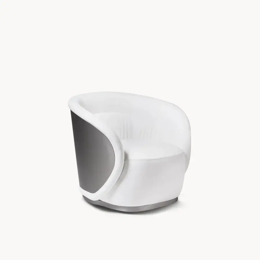 Luxury Visionnaire Shell Lounge Chair with pristine white fabric, satin stainless‑steel rear panel, and swivel steel base