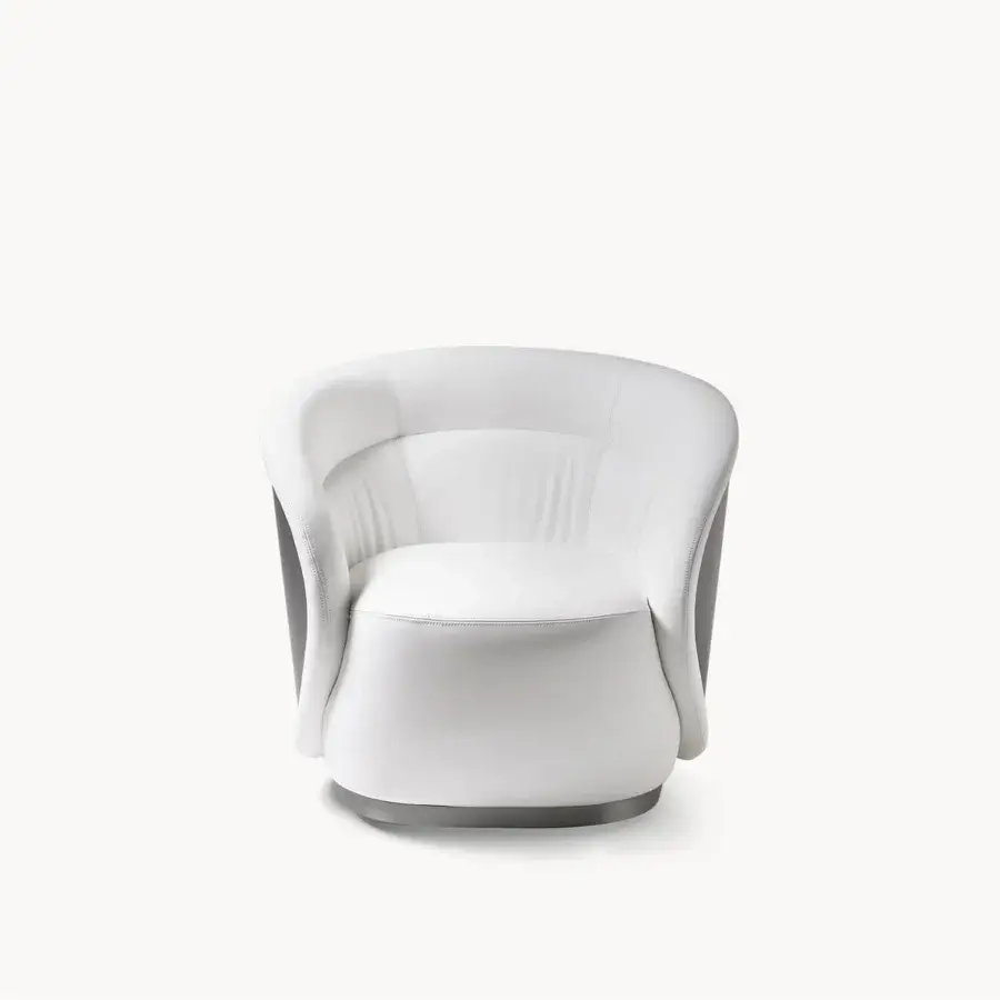 Elite Visionnaire Lounge Chair with matte white upholstery, satin stainless steel rear panel, silver ring base, shell