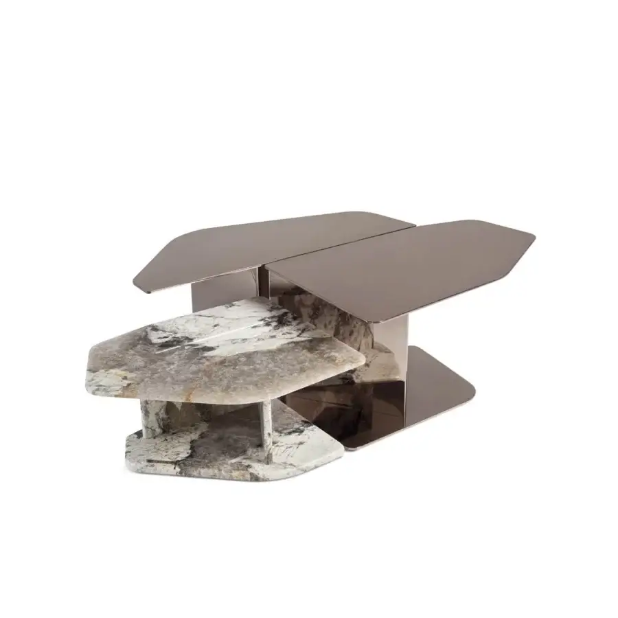Distinguished Visionnaire Shear coffee table with polished steel and veined white marble slab, high-gloss metal finish