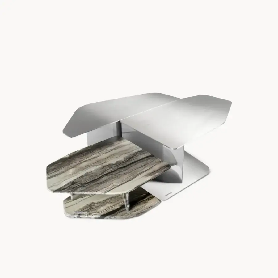 Prestige Visionnaire Shear coffee table with gleaming polished steel surfaces and veined gray-white marble layers, subtle gray beige exterior and angular tiered design