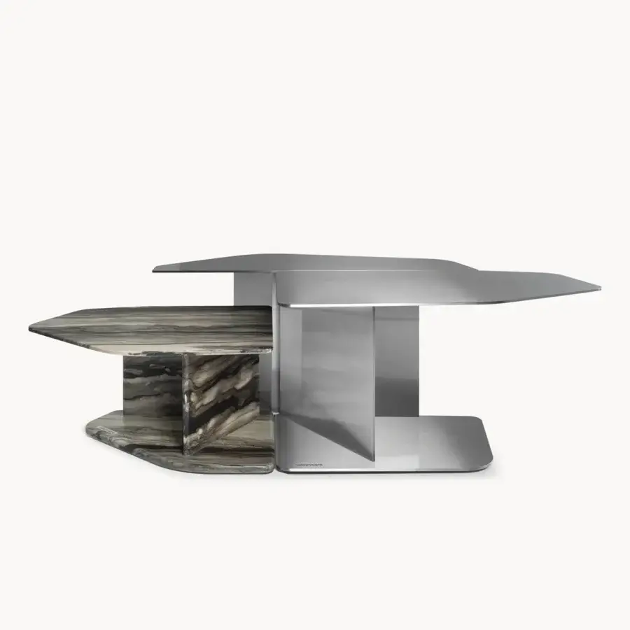 Luxury Visionnaire Shear coffee table with polished metal top, vein-rich marble middle and base, sharp angular lines, subtle rounded edges, stone planes