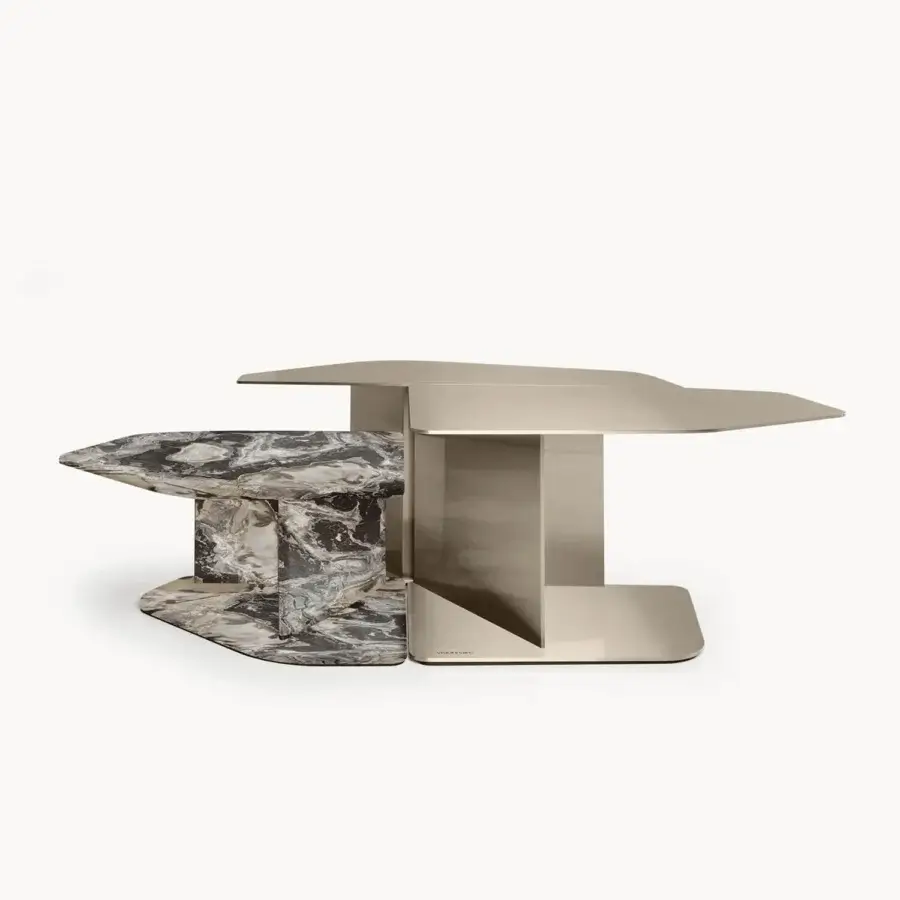 Elegant Visionnaire Shear coffee table with matte steel frame and marble slab in champagne‑toned satin finish, veining