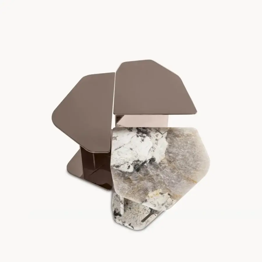 Luxury Visionnaire Shear coffee table with polished steel panels and veined marble top in brownish‐copper sheen