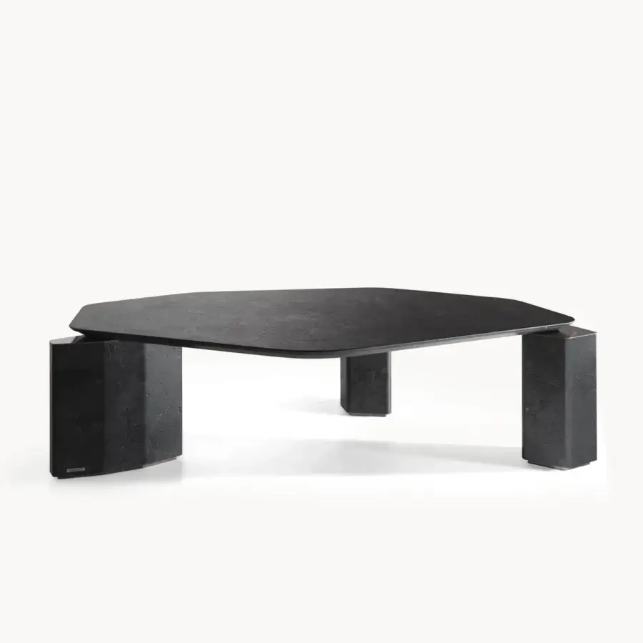 Elegant Visionnaire Titan Table with dark charcoal‑gray polished marble top, matte finish, steel plate edges, and boxed marble legs with metal core