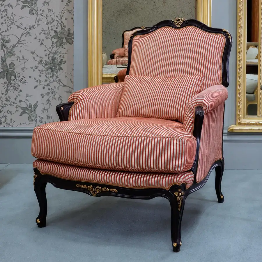 Luxury Bellotti Ezio lounge chair with striking red and white stripes, lacquered frame in brushed yellow‑black tempera, seat