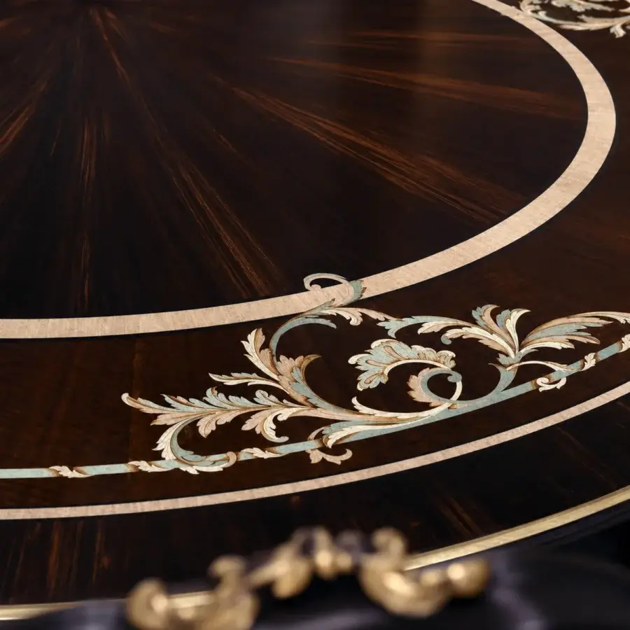 Premium Bellotti Ezio dining table sunburst grain surface, LAN1 black lacquered tempera finish, ebony walnut birch inlay