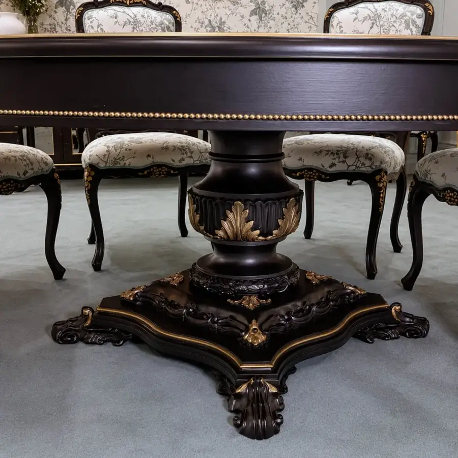 Distinguished Bellotti Ezio dining table tempera with aged gold, birch stringing and leaf inlays in canaletto walnut