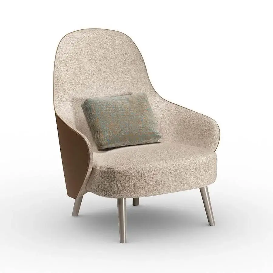 Superior Reflex Ludwig lounge chair with light beige textile upholstery, brown side panels and metallic metal legs