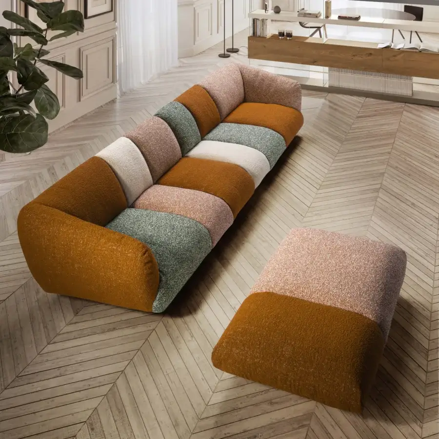 Elegant Lago Not Only White sectional in matte nubby LAGO textile, ochre, sage green, off‑white, dusty rose cushions, low‑profile silhouette