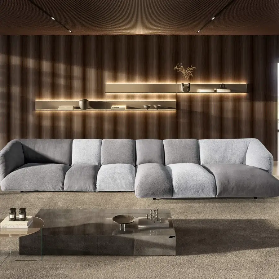 Exclusive Lago Not Only White sectional with light-grey LAGO fabric and rounded low‑profile silhouette