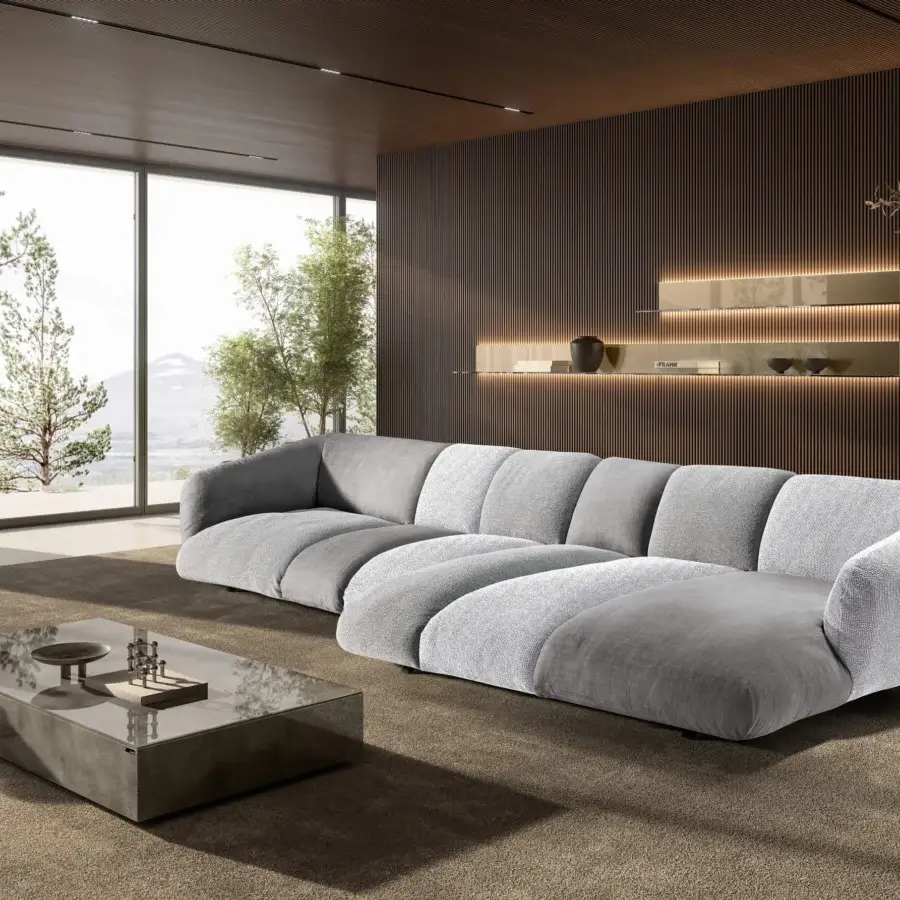 Luxury Lago Not Only White sectional with textile matte weave low-profile silhouette deep charcoal ends silvery-grey center
