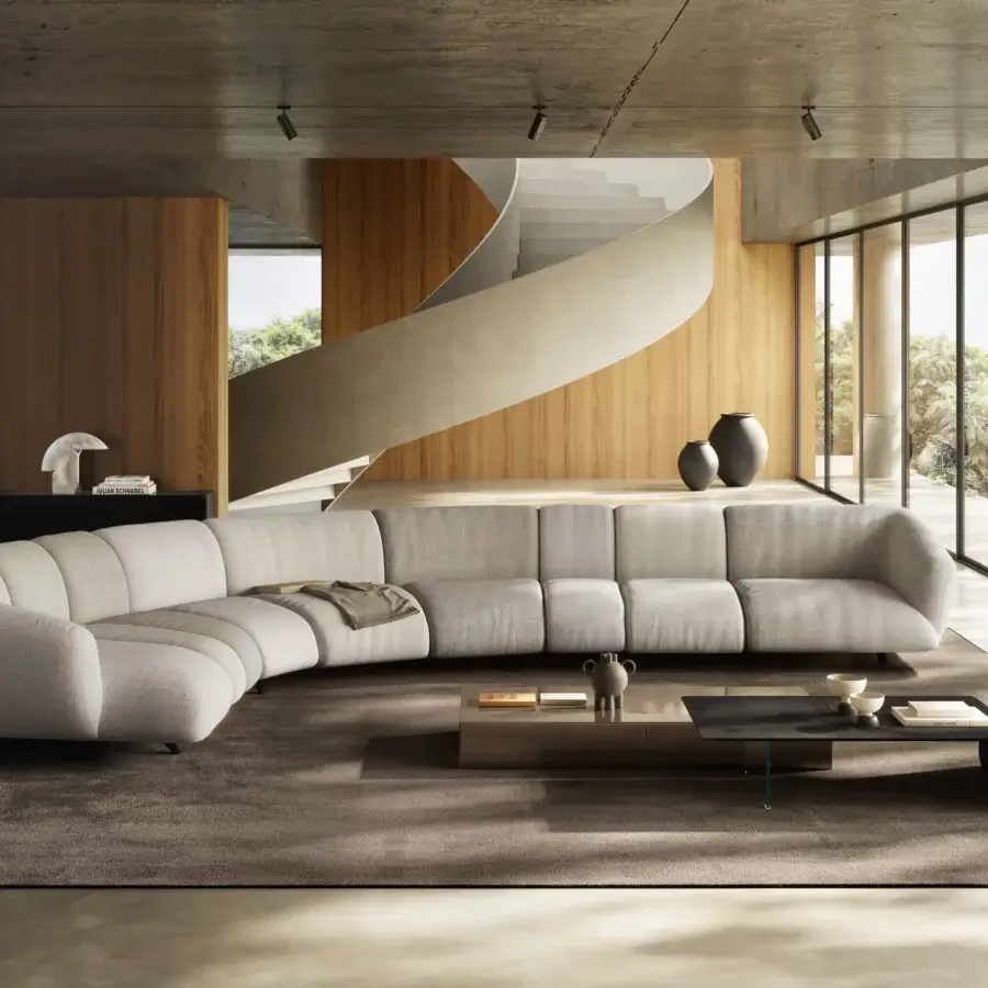 Premium Lago Not Only White sectional with cream‑toned LAGO upholstery, matte textile finish, low‑to‑ground curved silhouette