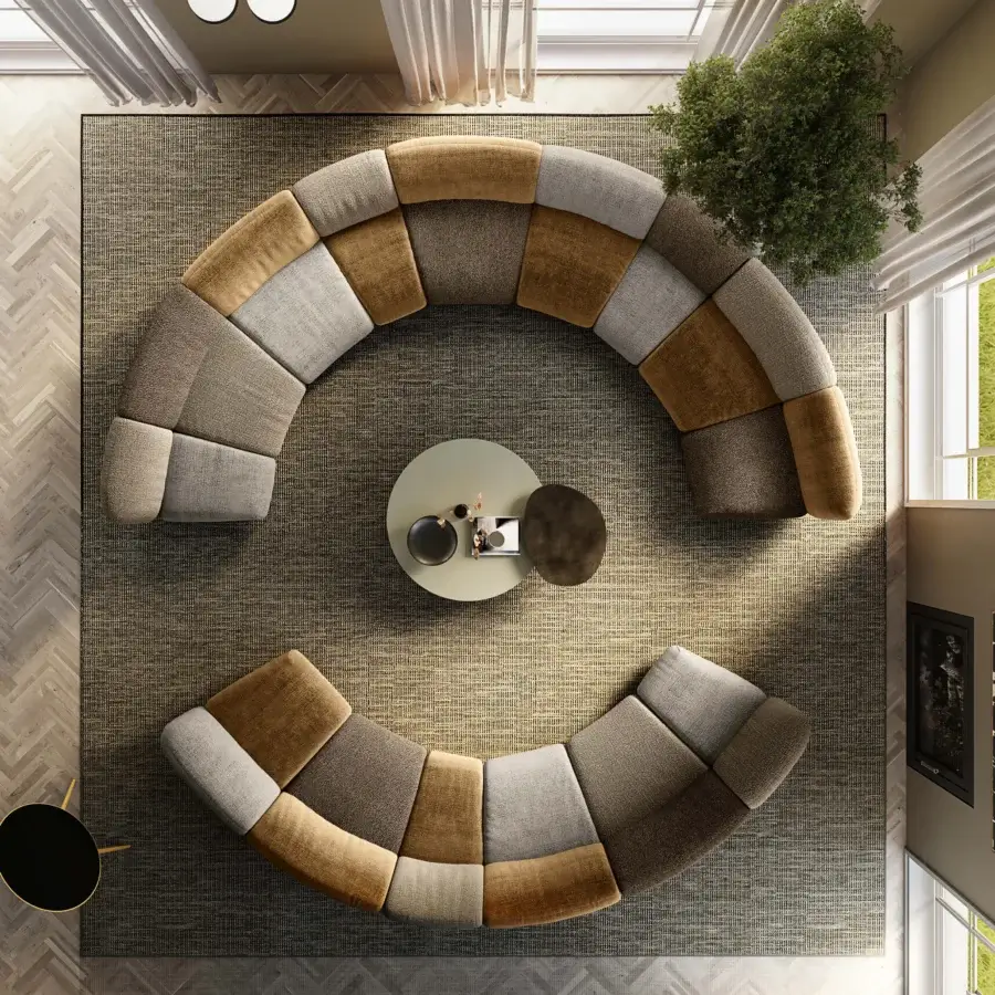 Luxury Lago Not Only White sectional with beige ochre grey dark brown patchwork and subtle matte finish