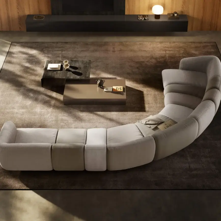 Luxury Lago Not Only White sectional in matte fine‑textured LAGO textile with semi‑circular rounded seating blocks and seamless vertical bands in light grey‑off‑white