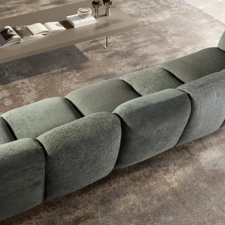 Luxury Lago Not Only White sectional with blocky silhouette, cushions, matte LAGO textiles and muted greyish‑green woven accents
