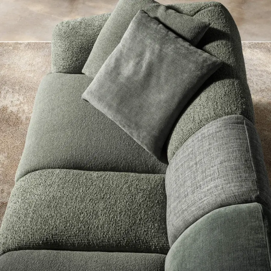 Elegant Lago Not Only White sectional with matte texture LAGO fabric in muted green hues from deep olive to light grey‑green and softly rounded low‑profile rectangular modules
