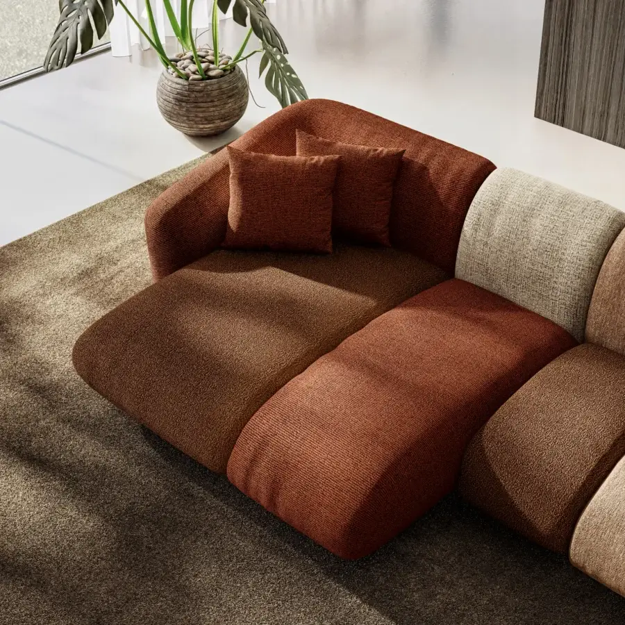 Premium Lago Not Only White sectional with coarsely woven textile in rust-orange, brownish-tan, light beige and matte finish