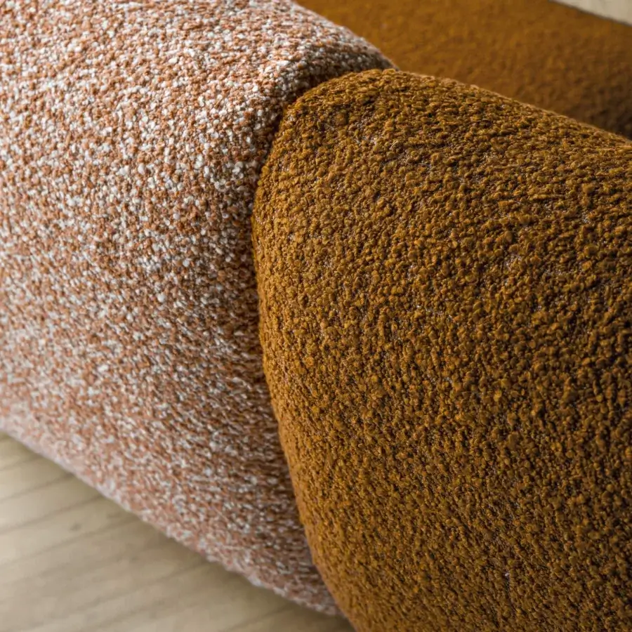 Refined Lago Not Only White sectional with textured textile, reddish‑brown and white wash, rust‑brown, deeper brown, curves
