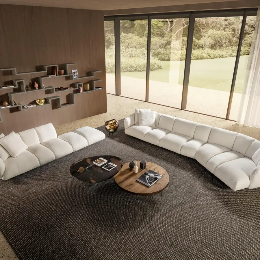Luxury Lago Not Only White Sectional with matte‑faced white textile, soft nubby texture, rounded lines and curved seating