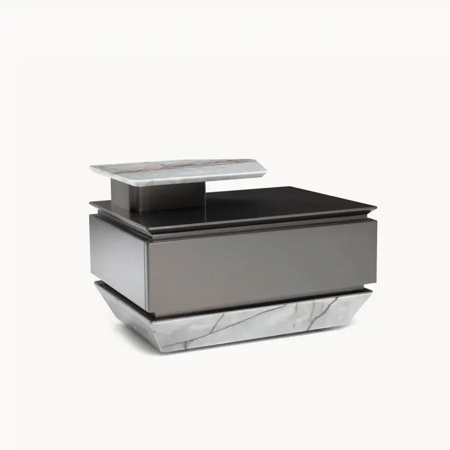Refined Visionnaire Prelude nightstand with marble base and top, marble surface, gray wood core, bronze stainless steel tier