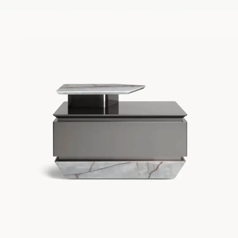 Premium Visionnaire Prelude nightstand with glossy lacquered wood core, marble plinth, stainless‑steel and stone slab veining on metal