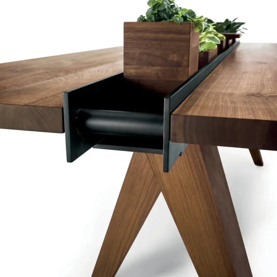 Luxury Riva 1920 Canal Table with satin medium‑to‑dark brown solid wood top, matte black metal channel, splayed wooden legs