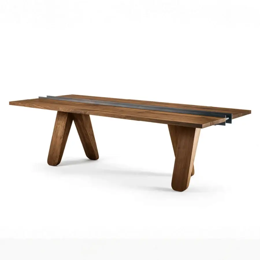 Contemporary Riva 1920 Canal Table with solid wood top bisected by matte stainless‑steel strip and angular tapered legs