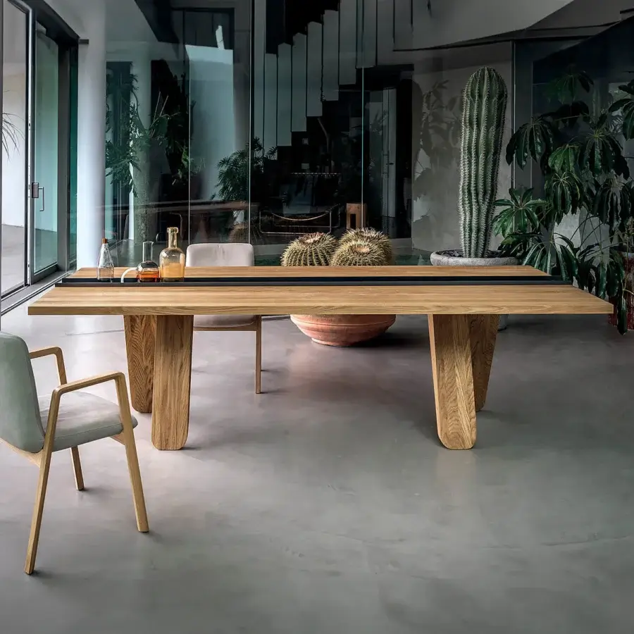Premium Riva 1920 Canal Table with edge‑glued solid wood staves matte satin light brown finish and black iron channel trench