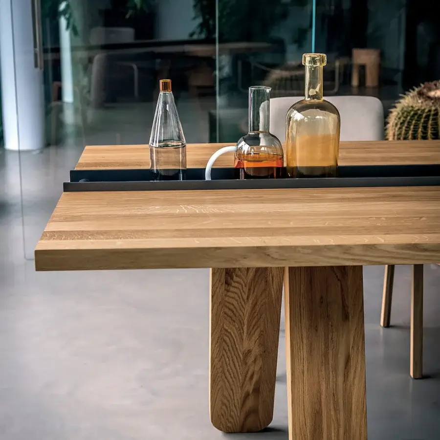 Luxury Riva 1920’s Canal Table light brown wood and black metal insert matte finish solid top highlighting natural grain