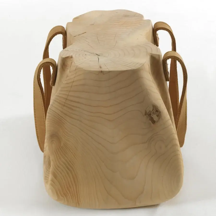 Sophisticated Riva 1920 Mondana stool with cedar of Lebanon, light beige, dark leather straps, matte finish
