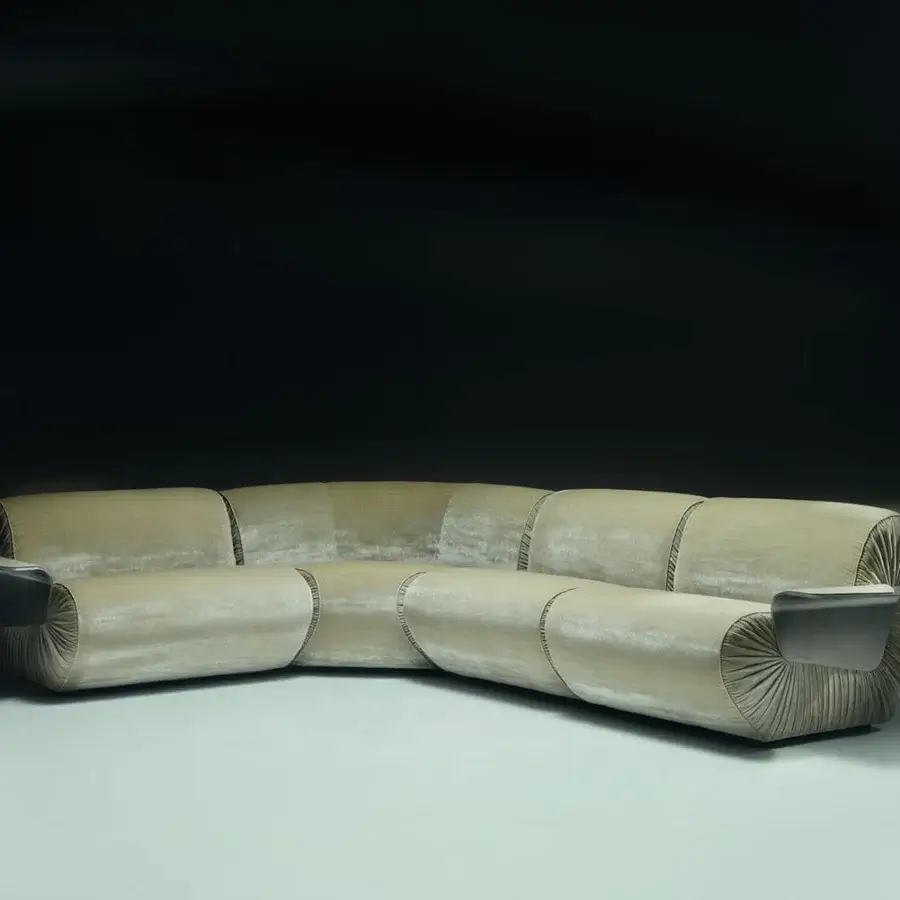 Distinguished Visionnaire Joker sectional with light beige‑champagne velvet upholstery, pleated, metallic inserts, armrest