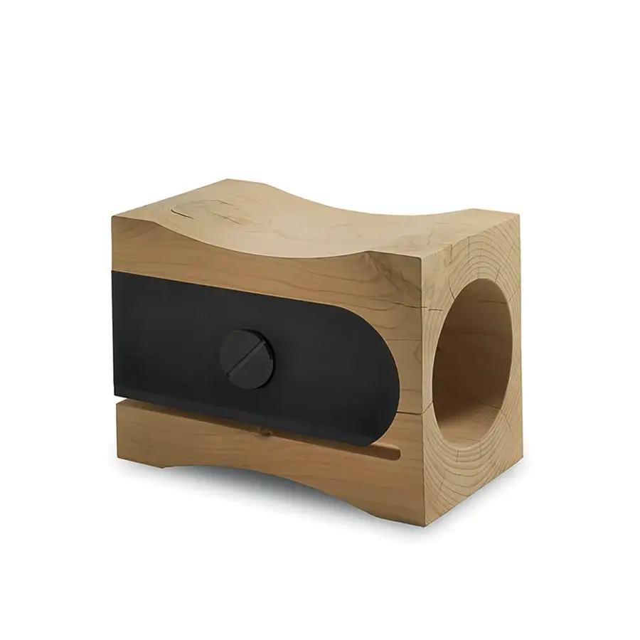 Luxury Riva 1920 Temperino stool in Cedar of Lebanon, wood tone, matte black band, knob, cone opening, lacquered metal