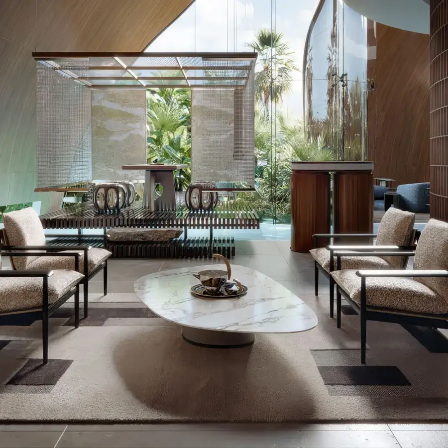 Luxury Giorgetti Kumiki lounge chair with brown Canaletto walnut frame, beige rectangular cushions and goose‑feather padding
