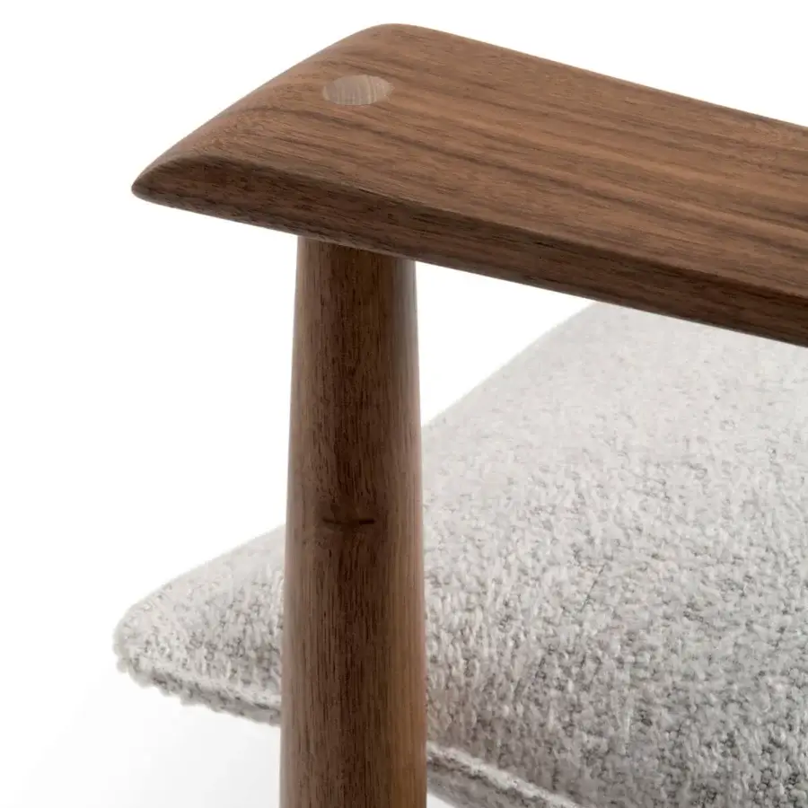 Prestige Giorgetti Kumiki lounge chair with light gray textured cushion and satin smooth natural walnut frame