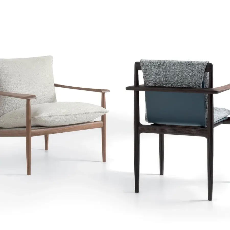 Premium Giorgetti Kumiki lounge chair with Canaletto walnut frame and muted blue backrest grey‑white upholstered seat