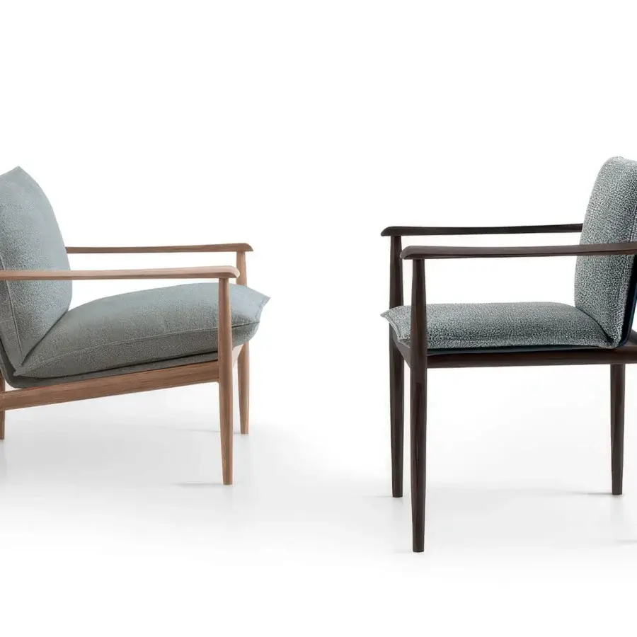 Luxury Giorgetti Kumiki lounge chair with Canaletto walnut frame finished natural slate‑grey textured removable cushions
