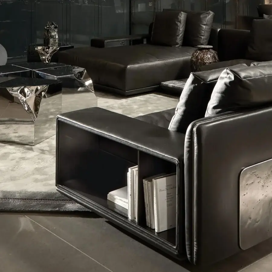Elegant Visionnaire Frame Sectional in deep dark brown leather satin finish with textured silver-toned metal inset