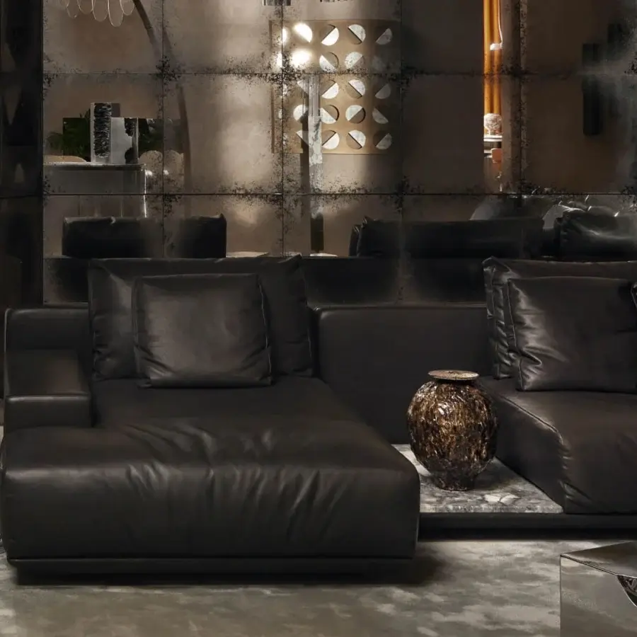 Luxury Visionnaire Frame Sectional in deep leather with smooth matte finish, L‑shaped layout, grey cushion metal armrest