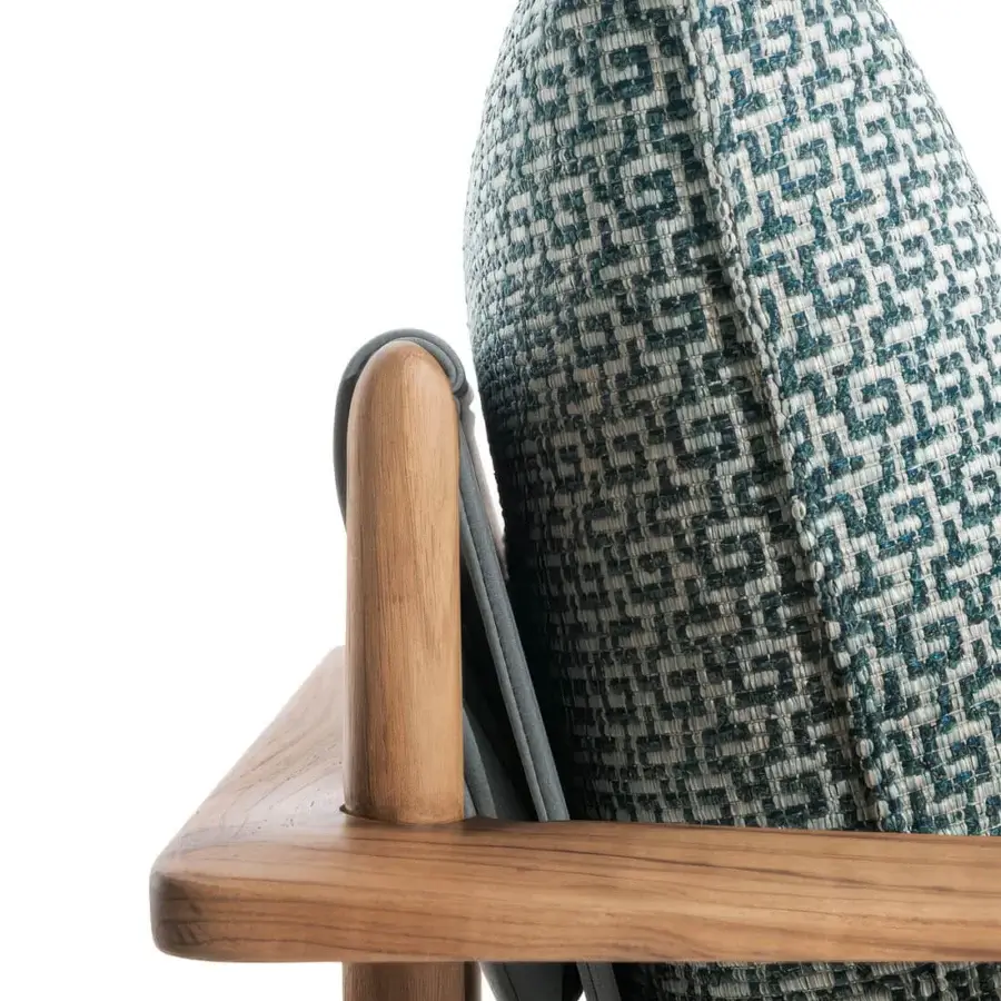 Distinguished Giorgetti Kumiki lounge chair in natural solid teak with exposed joints and blue teal white grey woven fabric
