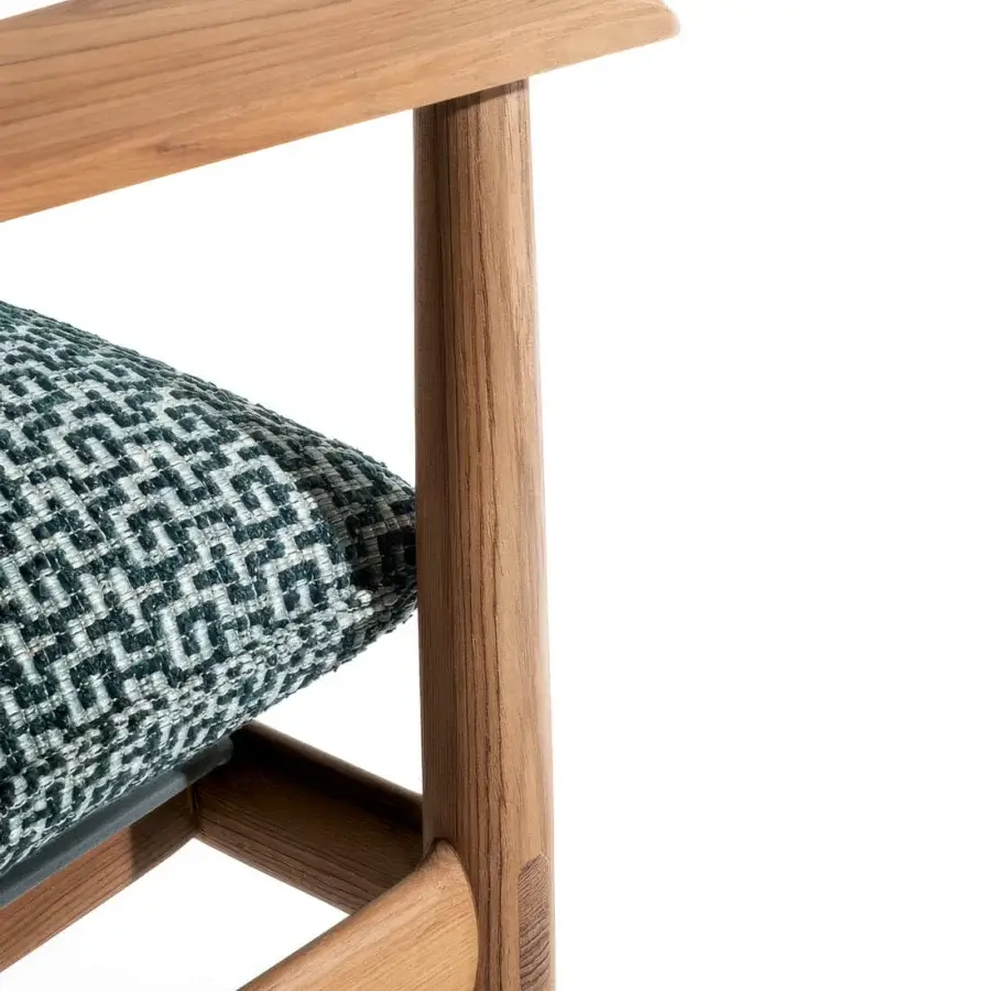Luxury Giorgetti Kumiki lounge chair in solid teak with dark teal and light grey woven upholstery using a natural finish