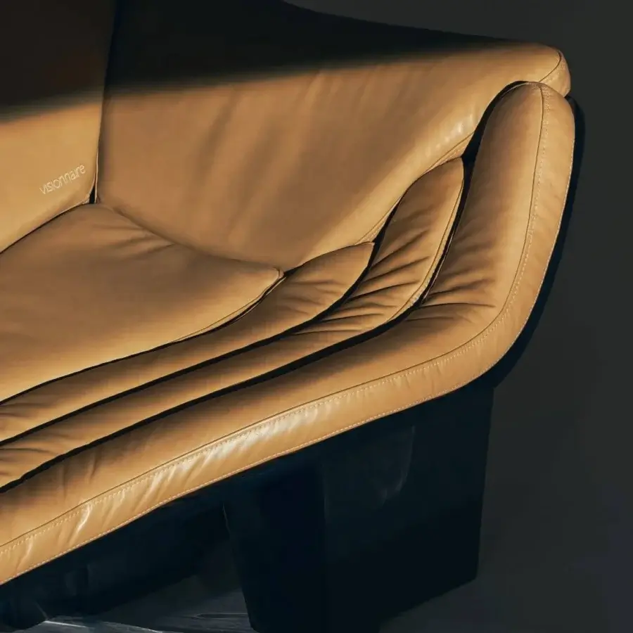 Luxury Visionnaire Blob sofa in honey‑tan satin leather with high‑gloss lacquered shell and organic undulating silhouette