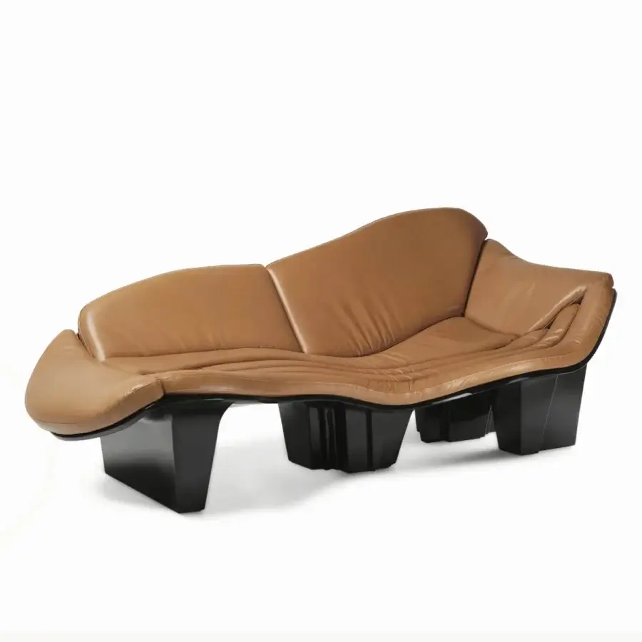 Elegant Visionnaire Blob sofa in tan leather crafted with stitched organic pattern on high‑gloss black lacquered shell