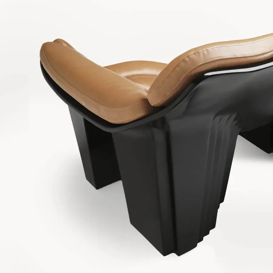 Prestige Visionnaire Blob sofa with black lacquer shell, tan leather upholstery, fluid organic lines and craftsmanship