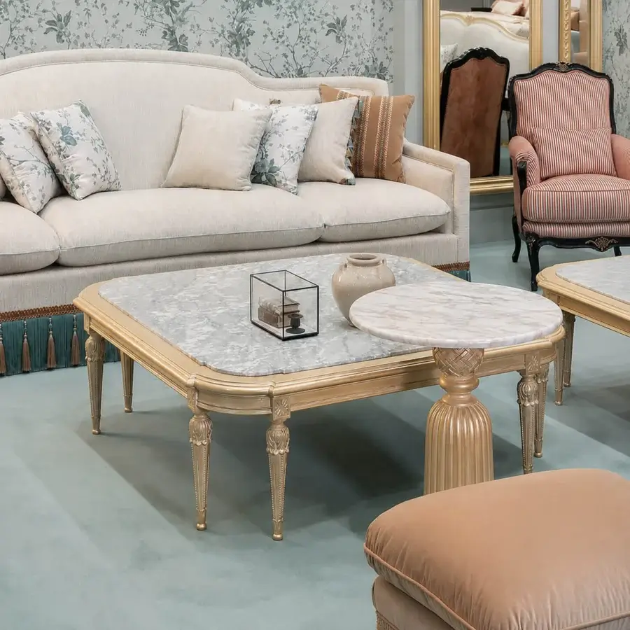 High-end Bellotti Ezio 4973 coffee table with polished Antigua marble top, gold leaf frame, meringue accents, acanthus legs