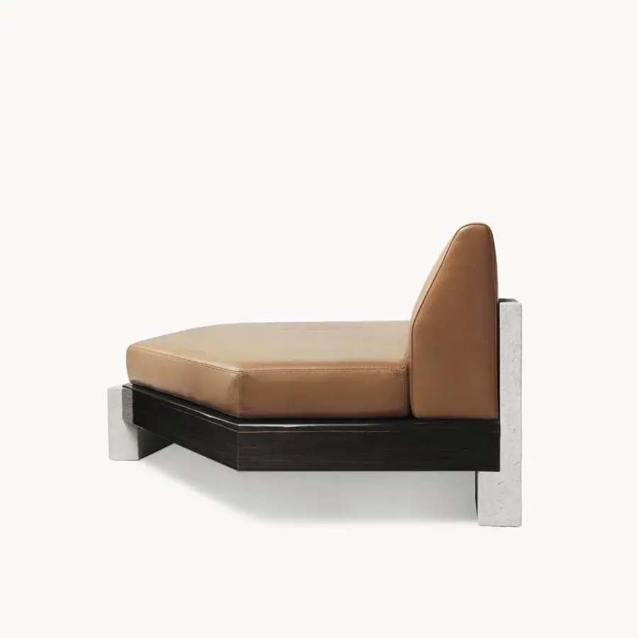Luxury Visionnaire Stealth Sofa with tan leather upholstery, high‑gloss lacquered dark wood base, and grey stone‑like brackets